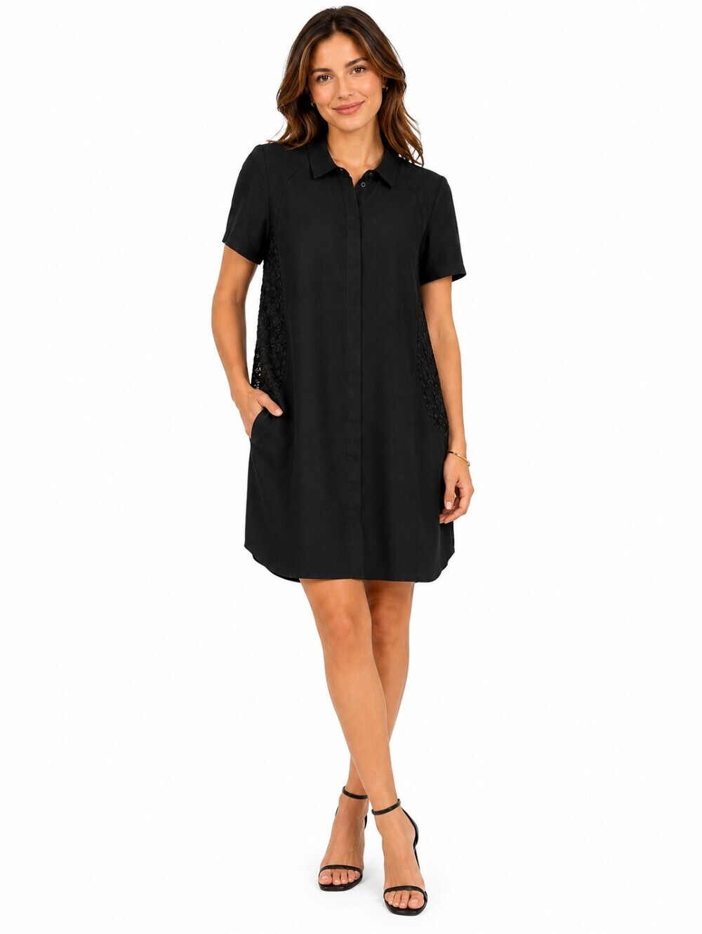 French Connection Black Shift Dress Lace Back Collared Size US 8